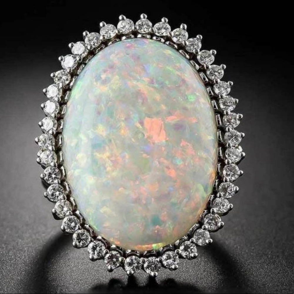 NEW Huge Opal Diamond 925 Sterling Silver Ring